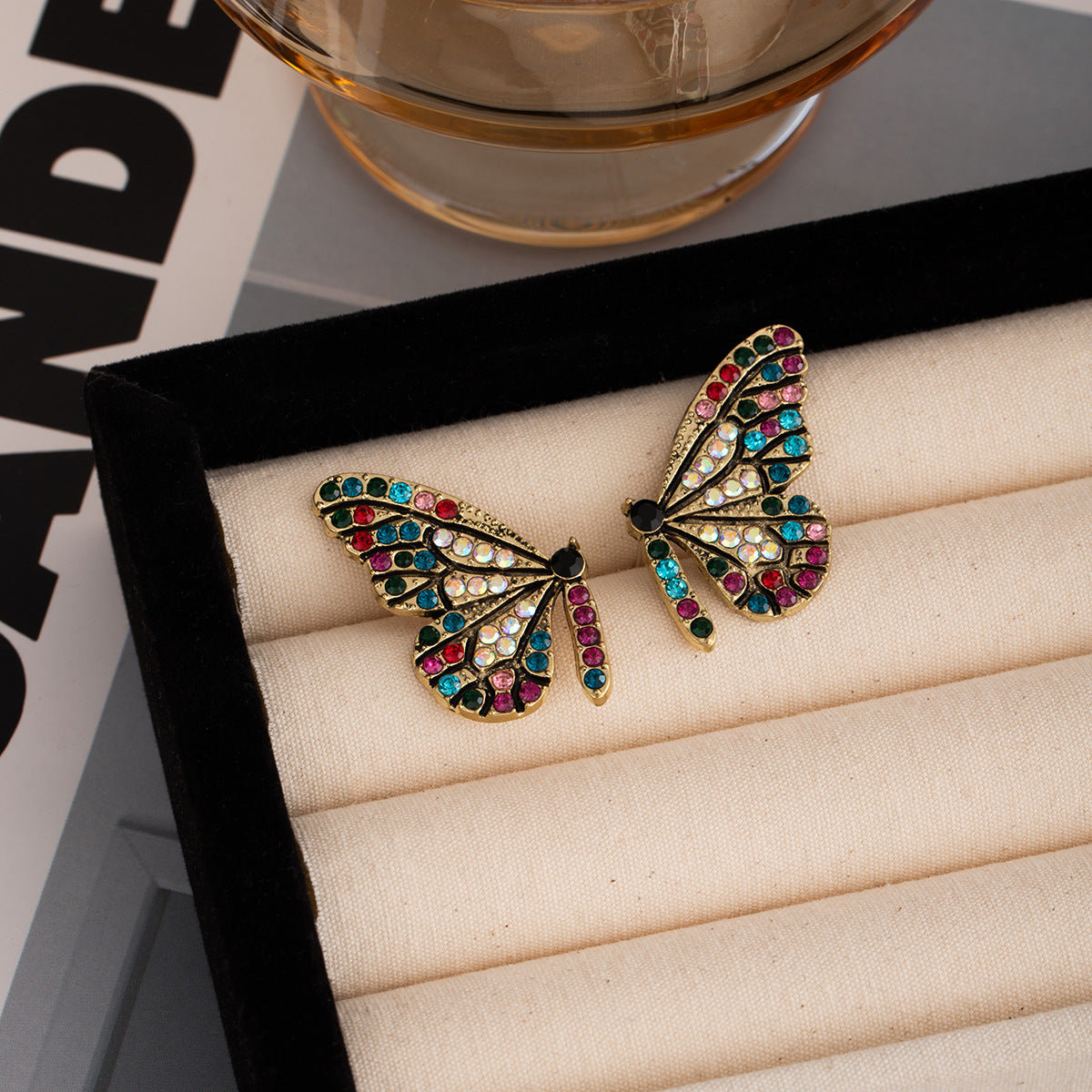 Wholesale Silver Needle French Color Diamond Butterfly Vintage Earrings